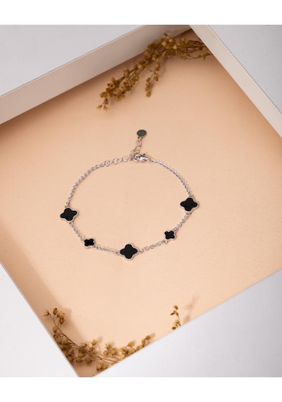 925 Ayar Rodyum Siyah Mineli Yonca Charm Gümüş Bileklik Rb10068