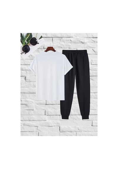 Medinenur Yazı Baskılı T-shirt Eşofman Altı Jogger Rahat Kalıp Siyah Eşofman Takım Beyaz