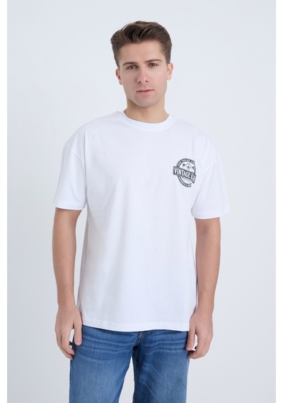 Erkek Oversize Baskılı T-shirt Beyaz Vintage Logo Beyaz