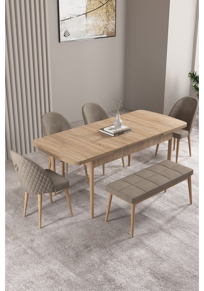 Milas Meşe Desen 80x132 Mdf Açılabilir Mutfak Masası Takımı 4 Sandalye, 1 Bench Cappucino Milas Meşe Desen 80x132 Mdf Açılabilir Mutfak Masası Takımı 4 Sandalye, 1 Bench Cappucino