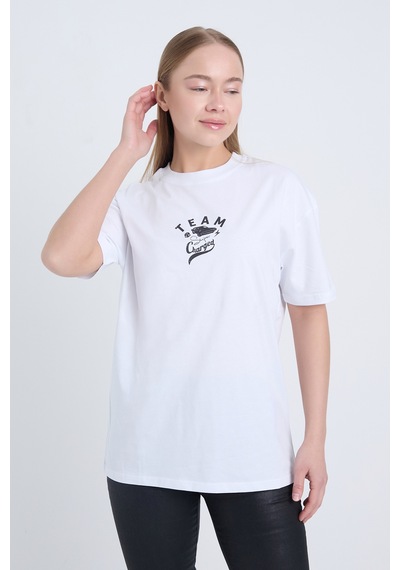 Kadın Oversize Baskılı T-shirt Beyaz Team Beyaz