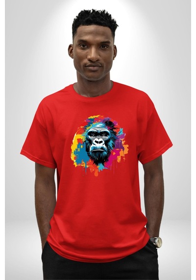 Renkli Maymun Goril Pamuklu Bisiklet Yaka Unisex Oversize Boyfriend Dijital Baskılı Kırmızı T-shirt Kırmızı