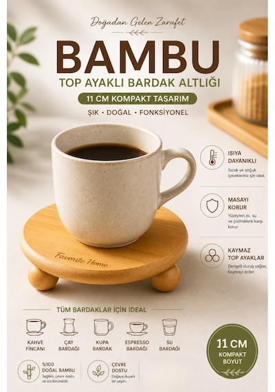 Bambu Top Ayaklı Bardak Altlığı 11 Cm Doğal Ahşap Sunumluk Isıya Dayanıklı Mini Stand