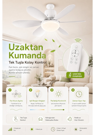 Goes Tavan Vantilatörü Led Işık 3 Kademe Hız Modu Sessiz 52 Cm Çap 6 Kanat Kumandalı Vantilatör
