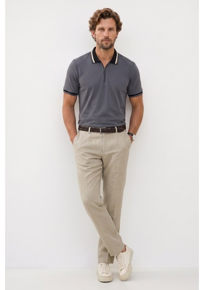 Tudors Erkek Slim Fit Dar Kesim %100 Pamuk Kısa Kollu Yarım Fermuarlı Antrasit Polo Yaka Tişört-50747