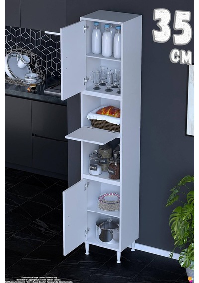 Işıl 35 Cm Kapaklı Orta Bölmeli Çok Amaçlı Mutfak Kiler Dolabı Banyo Düzenleyici 35x213x32 Cm Beyaz