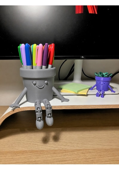 3d Baskı Hareketli Gülen Kalemlik - Eklemli Masaüstü Organizer - Gri Çok Renkli