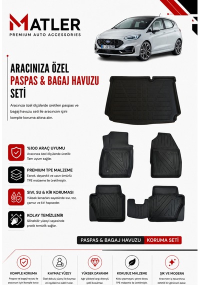 Ford Fiesta 2019 Model 4d Ekstra Havuzlu Paspas Ve Bagaj Havuzu Set