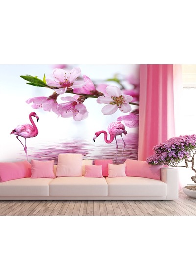 Pembe Çiçekler Su Üzerinde Flamingolar Duvar Kağıdı