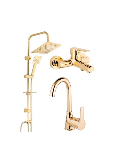 Kare Gold Robot Duş Sistemi Banyo Bataryası Ve Lavabo Bataryası Musluğu 3 Lü Set Diğer