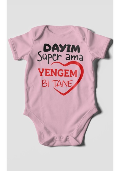 Morivokids Dayım Süper Ama Yengem Bir Tane Kısa Kollu Bebek Body %100 Pamuk Koyu Pembe