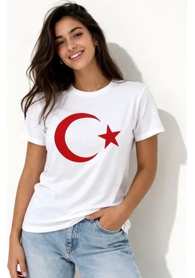 Valensdesign T-shirt Kısa Kol Bisiklet Yaka Ay Yıldız Bayrak Baskılı Tişört - Beyaz