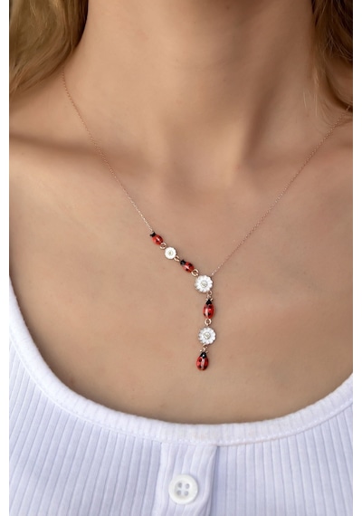Papatya Silver 925 Ayar Gümüş Rose Kaplama Uğur Böcekli Papatyalı Akışlı Kolye
