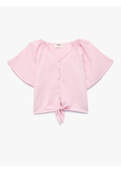 Koton Kısa Kollu V Yaka Keten Ve Viskon Karışımlı Bağlamalı Bluz Pembe 6skg60016aw Gül