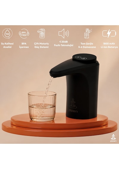 Pizen Flow Şarjlı Otomatik Damacana Su Pompası Tds Ölçer 250ml 500ml 1l 2l Ölçü Özellikli Siyah