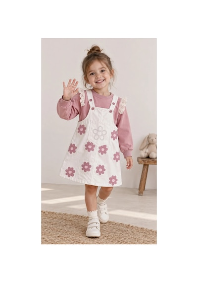 Nota Kids Kız Çocuk Çiçek Desenli Jile Elbise Takım Dantel Kollu Pudra Sweatshirt Ve Askılı Elbise Beyaz
