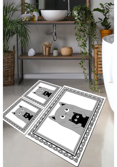 MOM CAT DJT 3 LU SET Banyo Halısı Banyo Paspası Çok Renkli