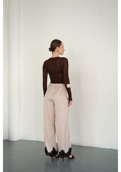 Verymoda Paçası Dantelli Saten Pantolon D2969 Taş