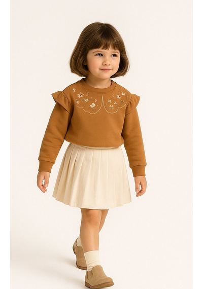 Overdo Kids Fırfırlı Yakası Çiçek Nakışlı 2 İplik Uzun Kol Kız Çocuk Sweatshirt Kahverengi