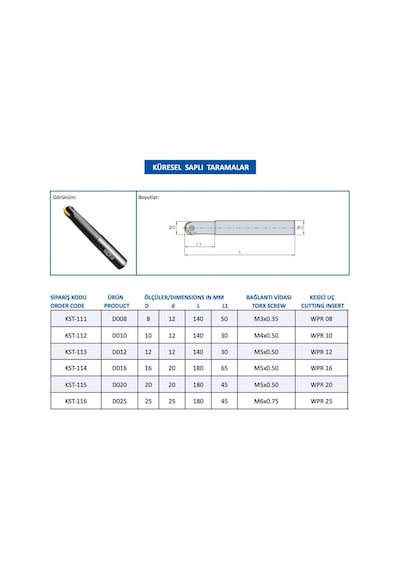 Mertsan Küresel Saplı Tarama Freze Kafası D010, 10x140 Mm Takım Ölçüsü, WPR 10 Kesici Uç Kullanır
