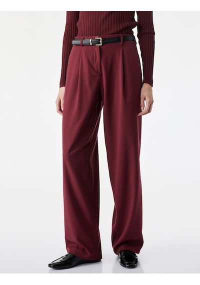 Koton Kemerli Yan Cepli Bol Kesim Geniş Paça Kumaş Pantolon Bordo 7wak40021pw