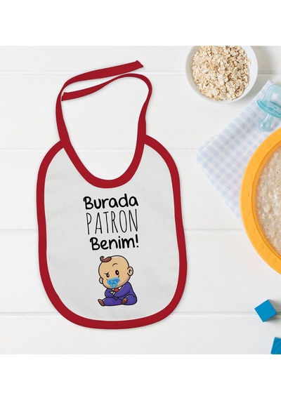 BK Kids Burada Patron Benim Tasarımlı Kırmızı Bebek Mama Önlüğü-1 Kırmızı