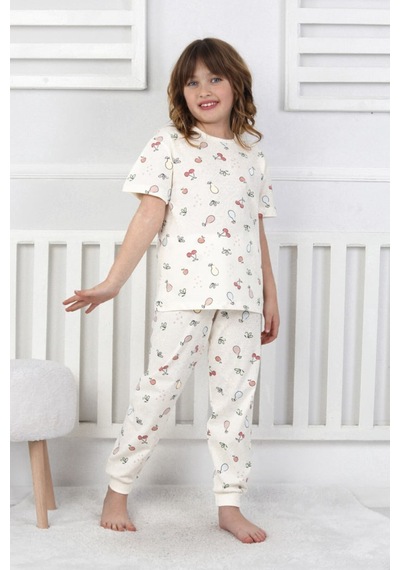%100 Pamuk Yazlık Kısa Kollu Terletmeyen Yumuşak Kumaşlı Kız Çocuk Pijama Takımı Krem