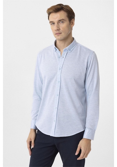 Süvari Saks Mavi Slim Fit Armürlü Düğmeli Yaka Gömlek