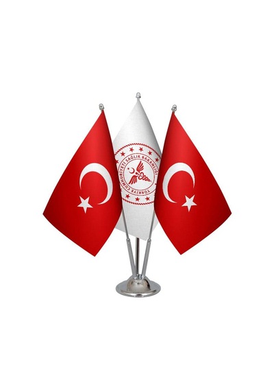 Masa Üstü Sağlık Bakanlığı Bayrağı Türk Bayrağı Üçlü Krom Direk M