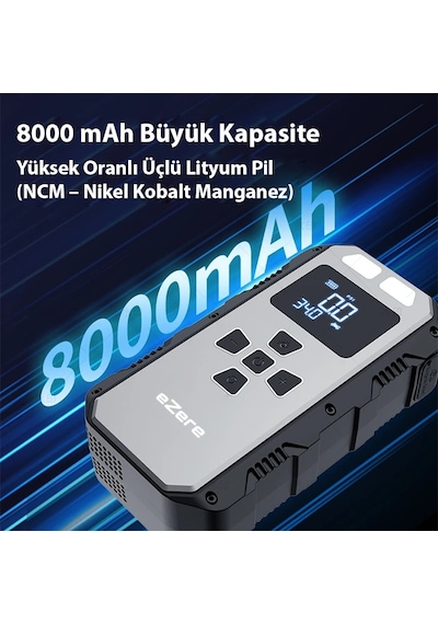 Ezere 4 İn1 8000mah Lastik Sisirme Pompası Ve Starter Akü Takviye Seti- 5775
