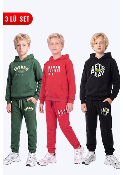 Fyk Kids Erkek Çocuk 3'lü Baskılı Kanguru Cepli Kapüşonlu Eşofman Takımı Haki-kırmızı-siyah Fyk Kids Erkek Çocuk 3'lü Baskılı Kanguru Cepli Kapüşonlu Eşofman Takımı Haki-kırmızı-siyah