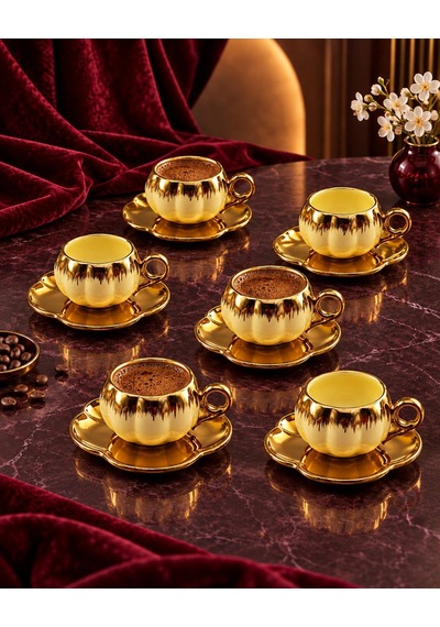 Valkyrie 6 Kişilik Krem Gold Balkabağı Model Türk Kahvesi Fincan Takımı 12 Parça 80 Ml Çeyizlik Krem
