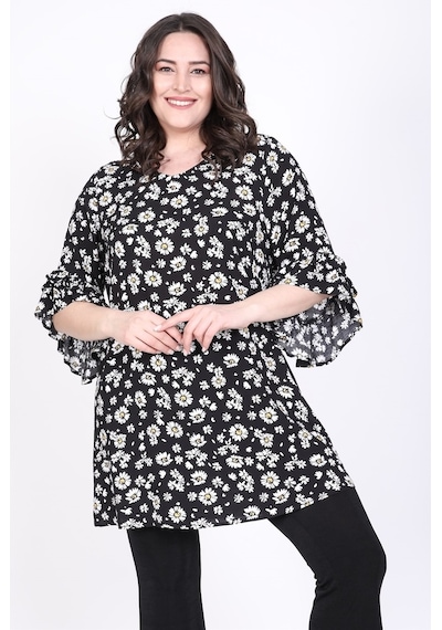 Myline Kadın Kolları Fırfırlı 3/4 Kol Bluz 45459 Siyah