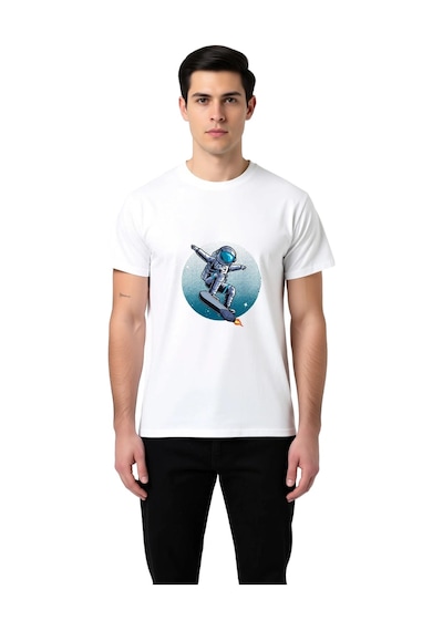 Paybuy Erkek Astronot Jetpack Roket Surfing Pop Art Baskılı Pamuk Tişört Beyaz