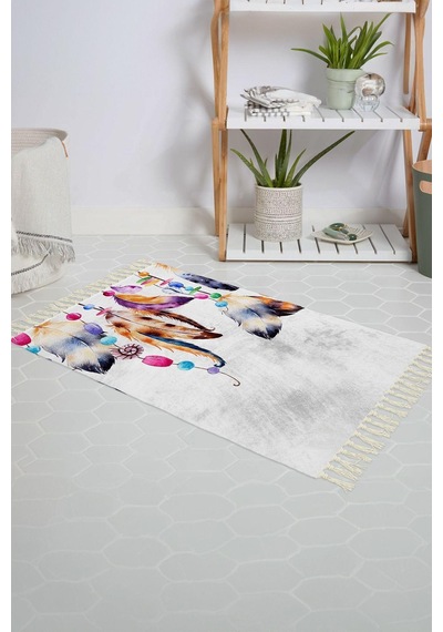 Banyo Halısı Dijital Baskılı Banyo Paspası 50x80 Polyester Kaymaz Tabanlı Duş Paspası Feathers Beyaz