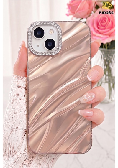 Fibaks iPhone 13/14/15 Uyumlu Kılıf Taşlı Parlak Dalga Desenli Kamera Çerçeveli Darbe Emici Korumalı Silikon Rose