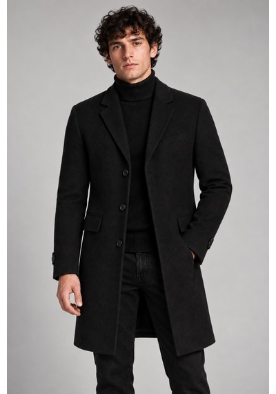 Maison Rae Erkek Siyah, Slim Fit Kaşe Kaban Klasik Yaka 3 Düğmeli Uzun Kesim Kışlık Palto