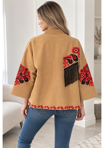 Lima Camel Kadın Nakışlı Ceket Etnik Desenli Püskül Detaylı Kimono Ceket