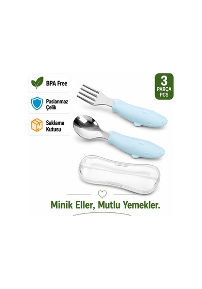 Jojobebek Balık Figürlü Çocuk Paslanmaz Çelik Çatal ve Kaşık Seti, Saklama Kutusu (Buz Mavisi Renk) Mavi