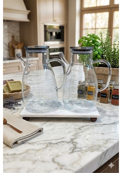 Tess Ölçülü 1000ml +1000 Ml Mermer Stantlı 2li Borosilikat Cam Yağdanlık Sirkelik Şeffaf