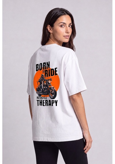Black Nova Oversize Baskılı Unisex %100 Pamuk T-shirt Motorcycle Therapy Beyaz