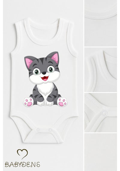 Babyden's %100 Pamuklu Hayvan Figürlü Kolsuz Çıtçıtlı Bebek Body Unisex Kedi Baskılı Beyaz