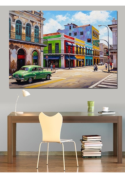 Ahşap Tablo Renkli Binalı Nostaljik Şehir Sokağı Obje Tabloları