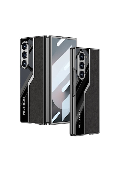 Galaxy Z Fold 6 Uyumlu Kılıf Ultra İnce Kamera Korumalı Pc + Deri Arka Yüzey Zore Kıpta Poligan Kapa Siyah