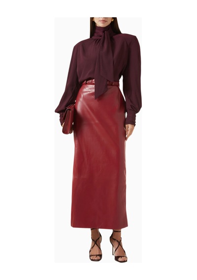 Rowen Rose Oversized Bow - Neck Blouse, Lüks Georgette Yüksek Yakalı Şık Balon Kollu Bluz Bordo