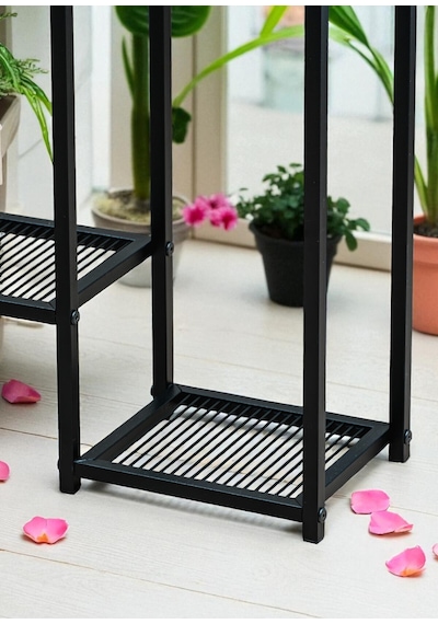 Dekoratif Metal 6 Raflı Saksılık Katlı Dikey Saksı Standı Çiçeklik Bahçe Ve Balkon Dekoru Garden Siyah