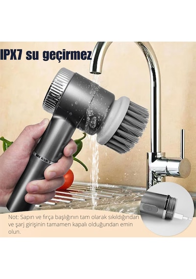 Polham 2400rpm Hızlı Dijital Ekranlı 1200mah Şarjlı 5 Başlıklı Çok Amaçlı Temizlik Fırça Seti, Mutfak, Banyo El Fırçası