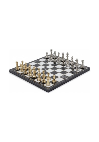Lüks Metal Satranç Takımı Krom Kaplama Klasik Gold Temalı Figür Siyah Mermer Desenli Tahta 20 Cm.