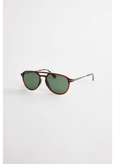Unisex Oval Kahverengi Çerçeve Çift Köprülü Güneş Gözlüğü-33298 Çok Renkli