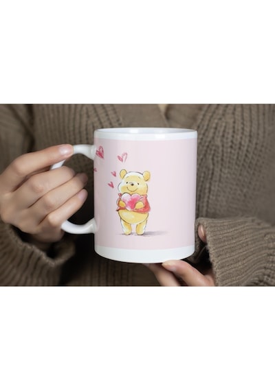 Winnie The Pooh Tasarım Kalp Desenli Romantik Kupa Bardak Sevgiliye Aşk Dolu Hediyelik Bardak Beyaz